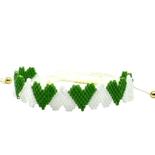 Miyuki Bead Green White heart edge heart Adjustable Bracelet