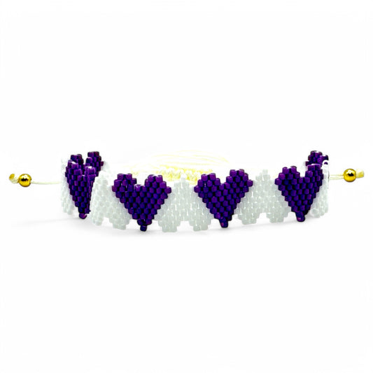 Miyuki Bead Purple White Heart Adjustable Bracelet