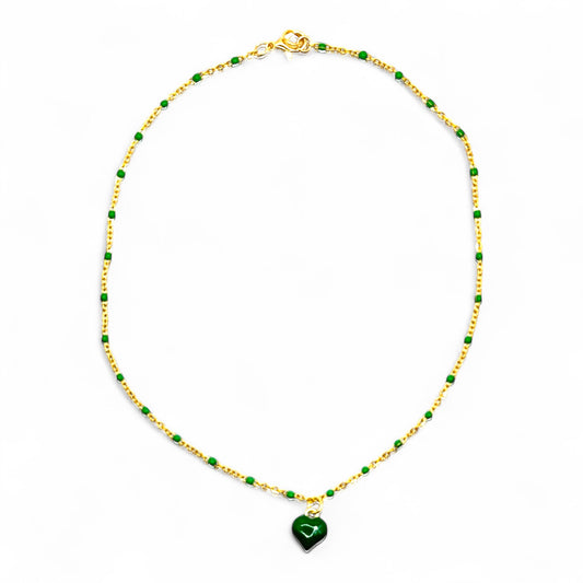 Love You Green Enamel Heart Charm Necklace