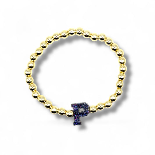 Mini P Charm Gold Bead Stretch Bracelet
